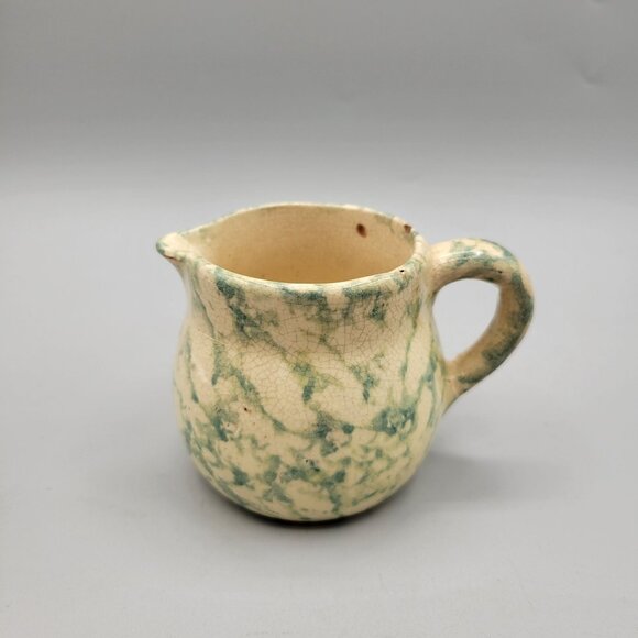 Antique Yellow Ware Spongeware Creamer Green Blue Primitive Kitchenware - Picture 1 of 7